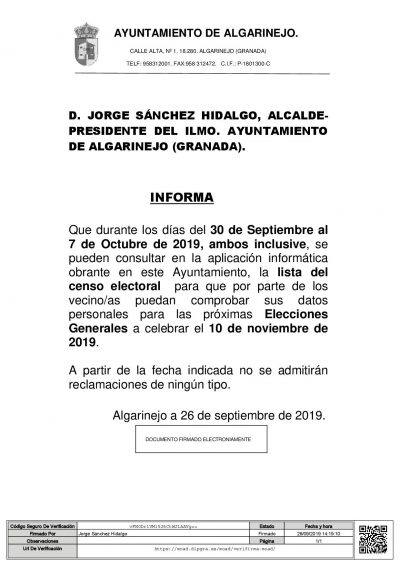 Consulta Censo Elecciones Generales Noviembre 2019